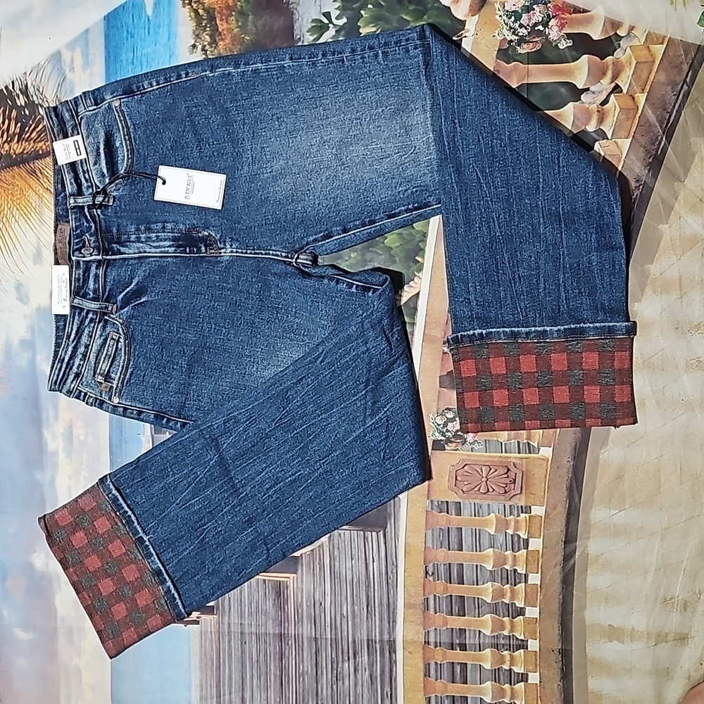 Judy Blue High Waisted Straight Plaid‎ Cuffed Jeans Size 11/30 NWT - Picture 3 of 10